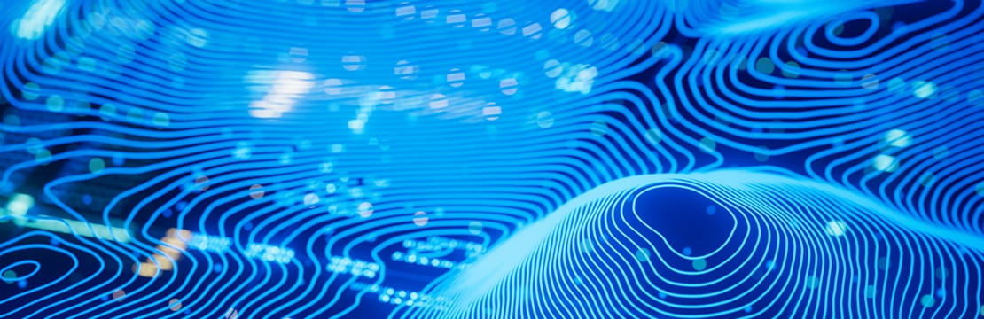 Abstract blue digital landscape with glowing contour lines forming wave‑like shapes